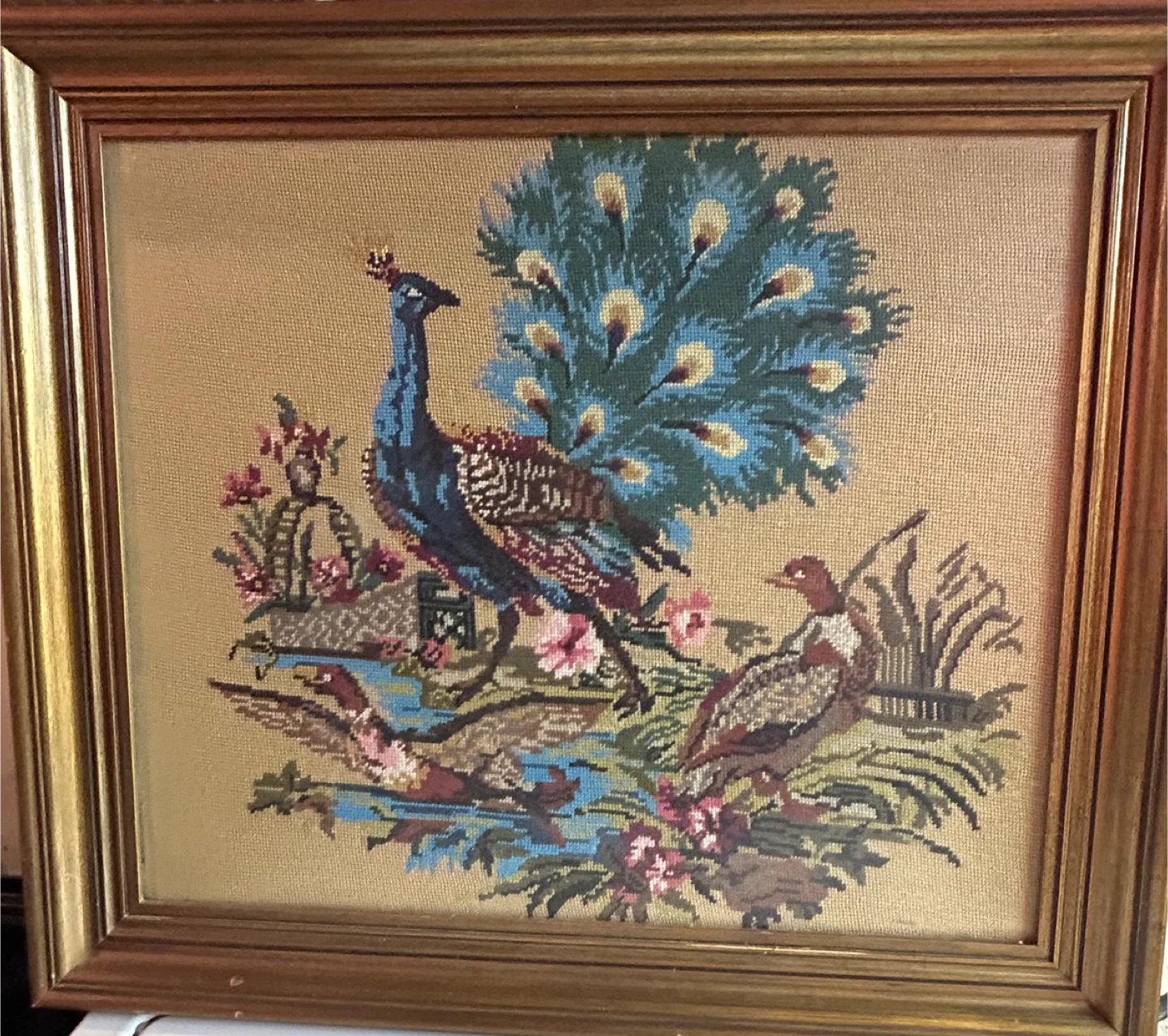 Framed Needlepoint Art - Peacock and Birds