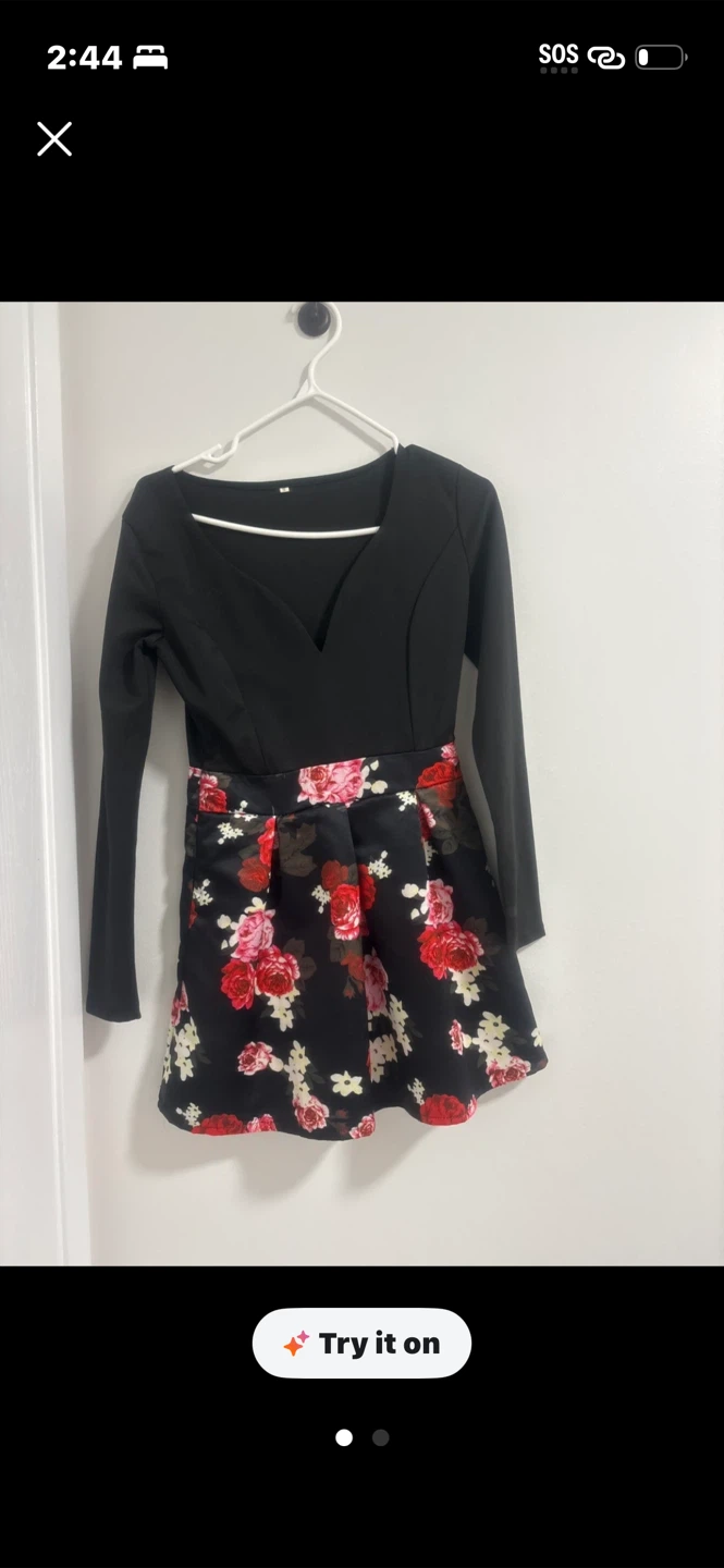 Black Floral Print Long Sleeve Dress