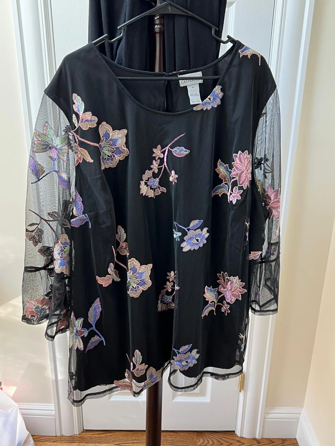 Catherine Malandrino Black Embroidered Mesh Top 3X