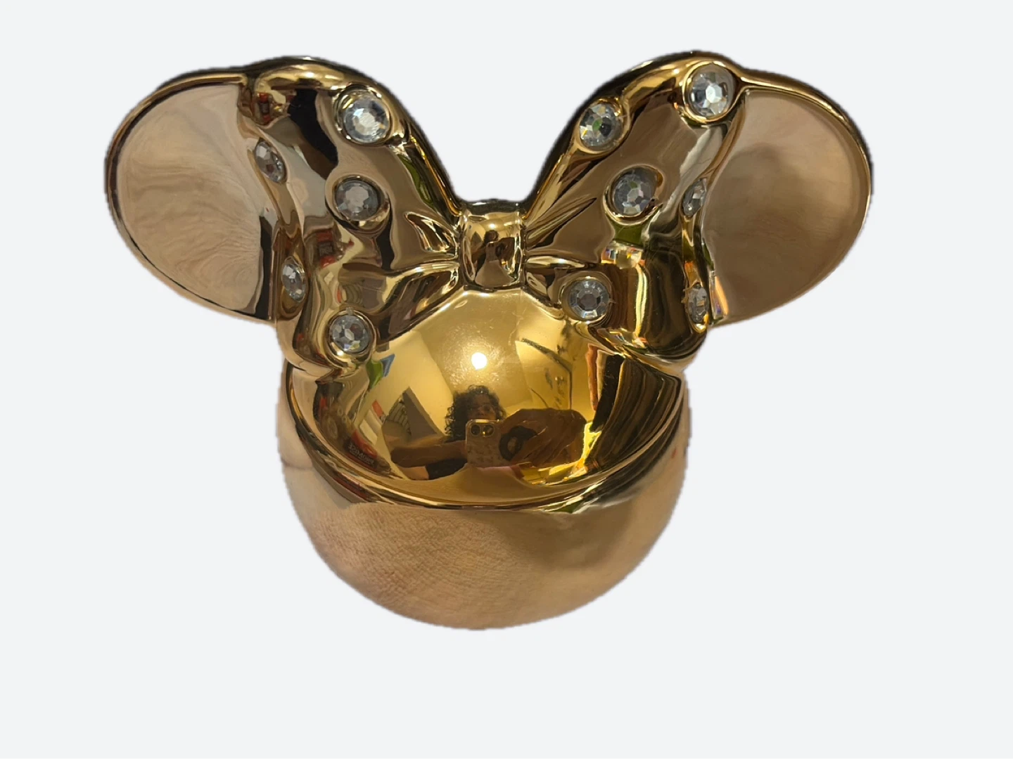 Rose Gold Minnie Mouse Trinket Box with Sparkly Stones on It