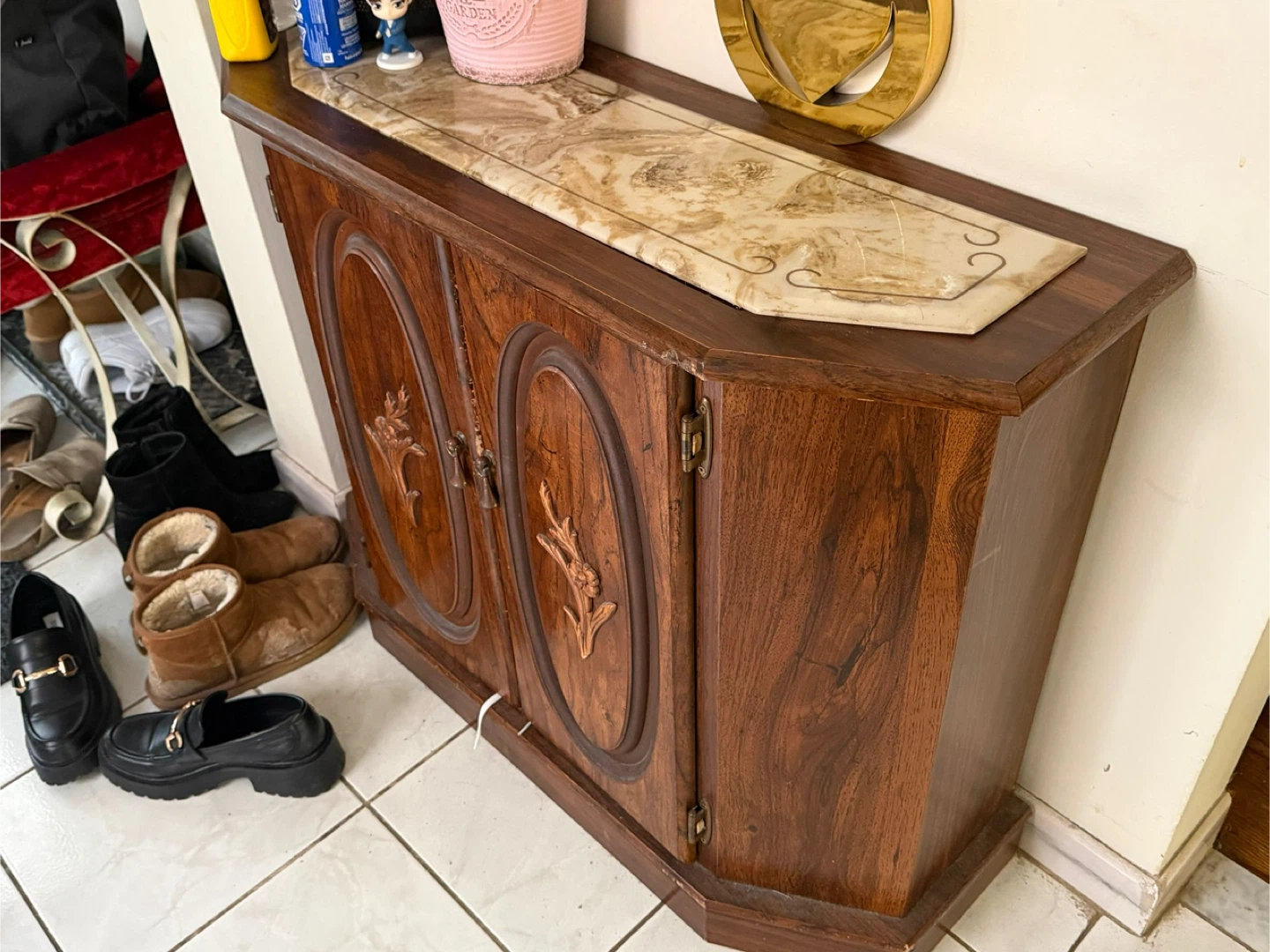 Vintage Wooden Cabinet with Oval Inlay Doors
