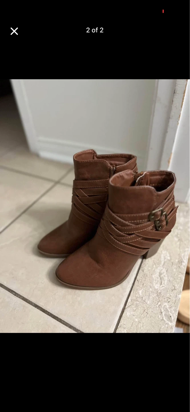 Brown Faux Leather Ankle Boots with Buckle Detail