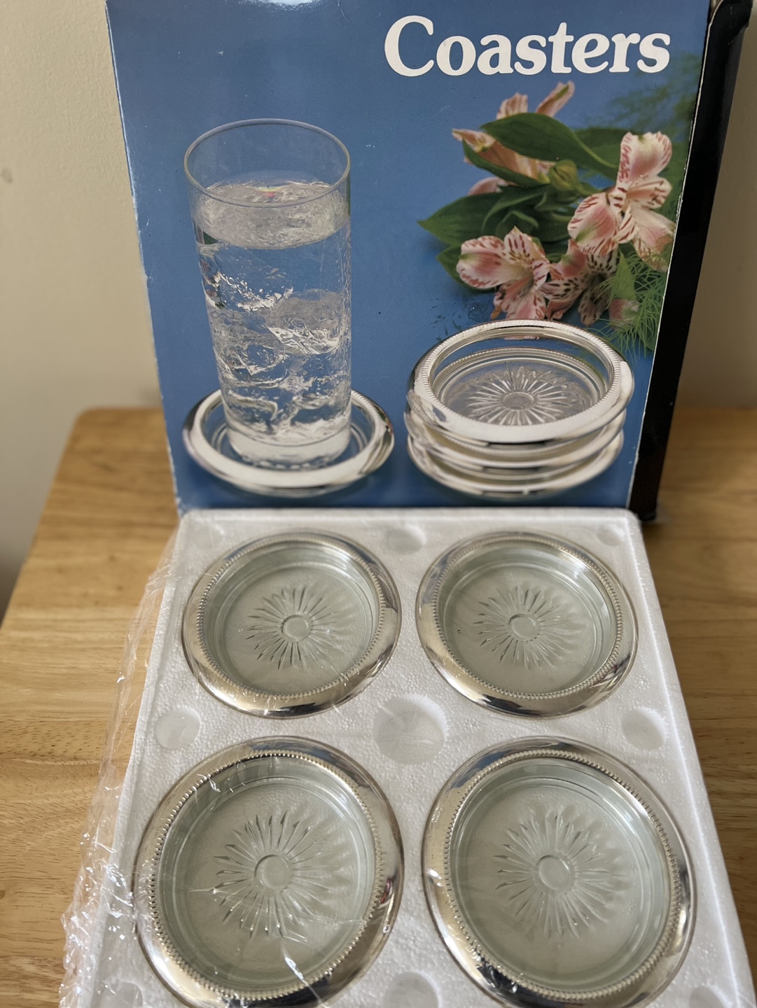 New-Four Piece Silverplated & Crystal Coaster Set
