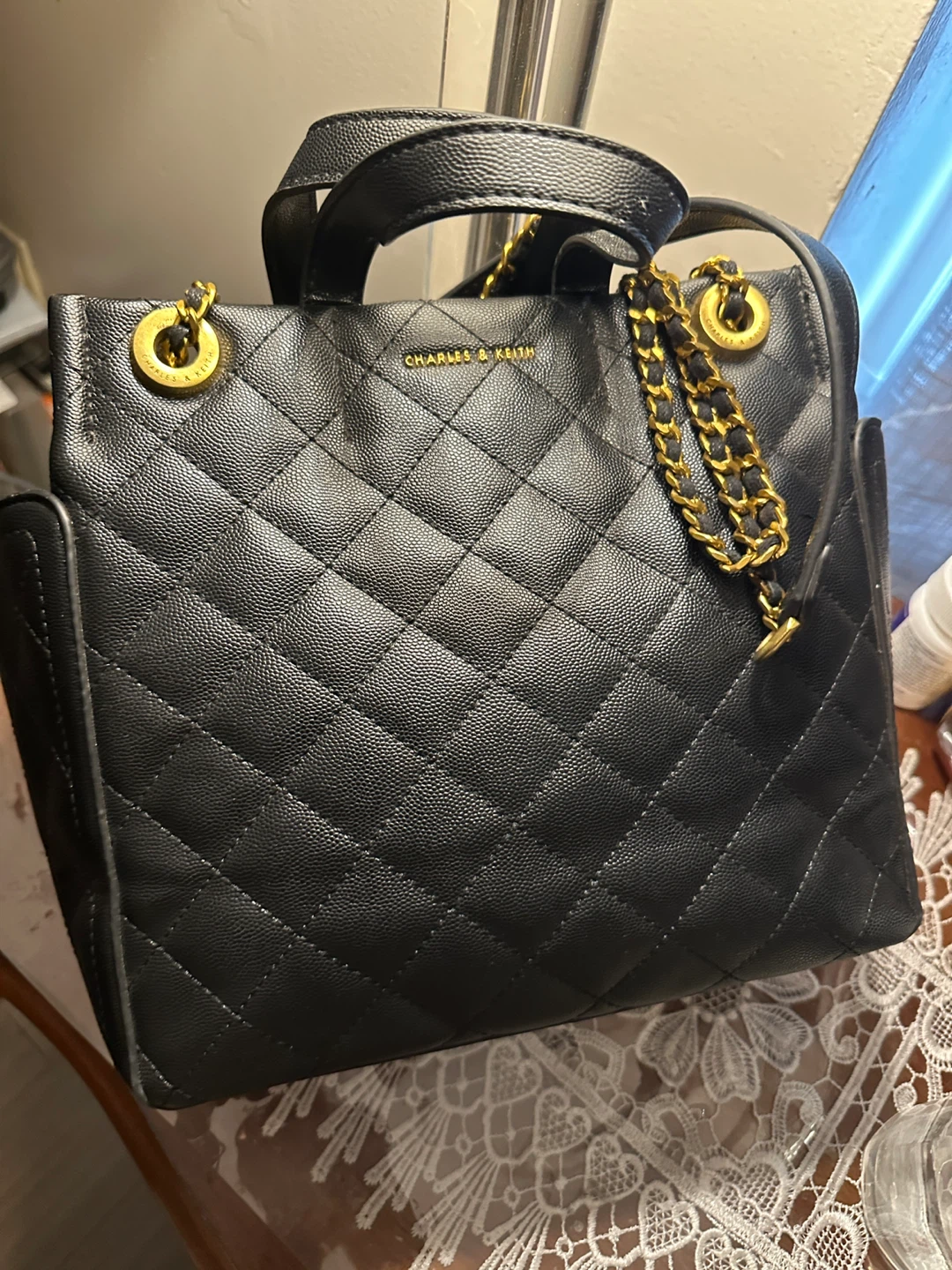 Charles & Keith Black Quilted Chain Shoulder Bag