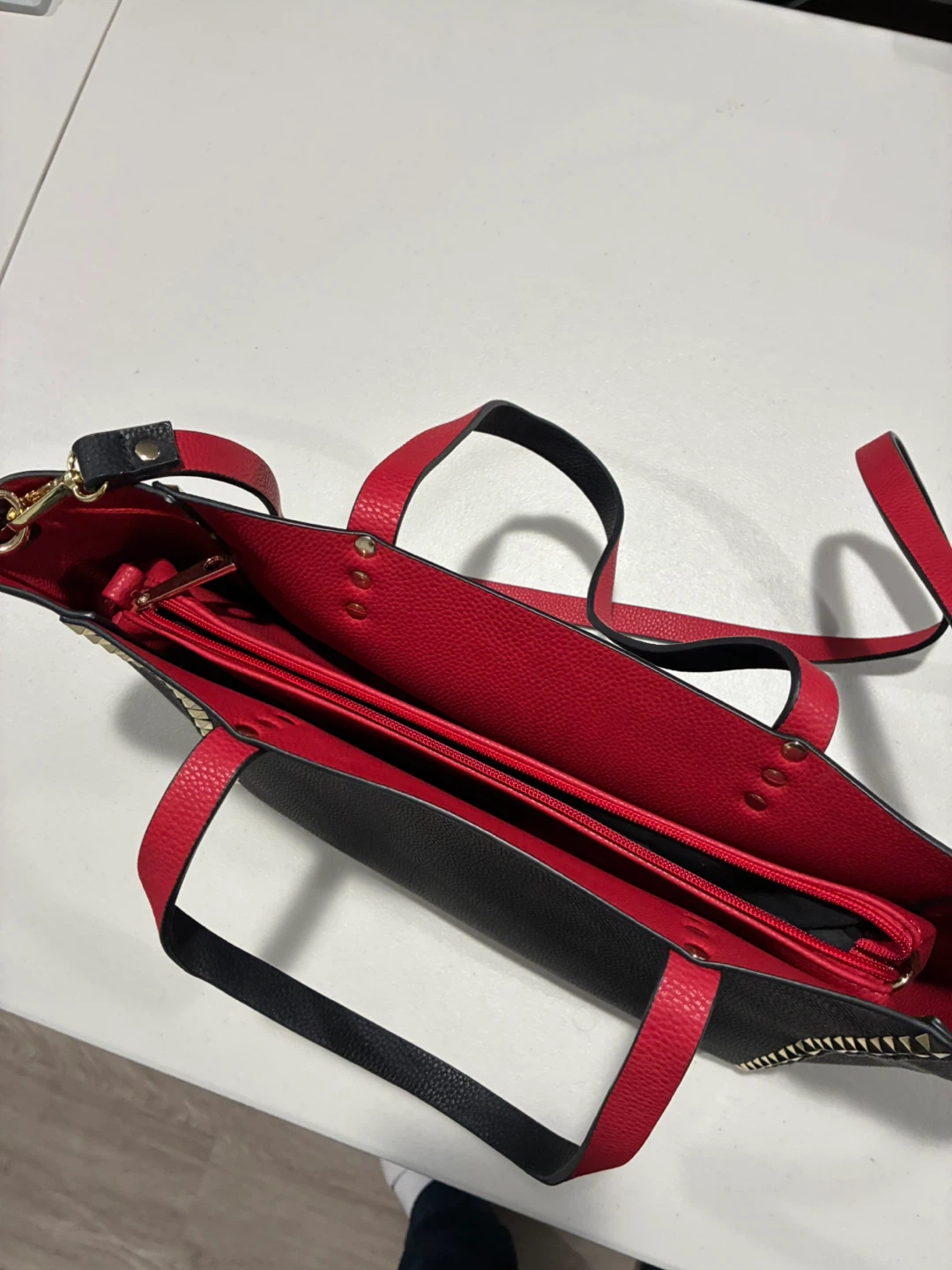 Black Tote Bag with Red Interior and Stud Detail - photo 2