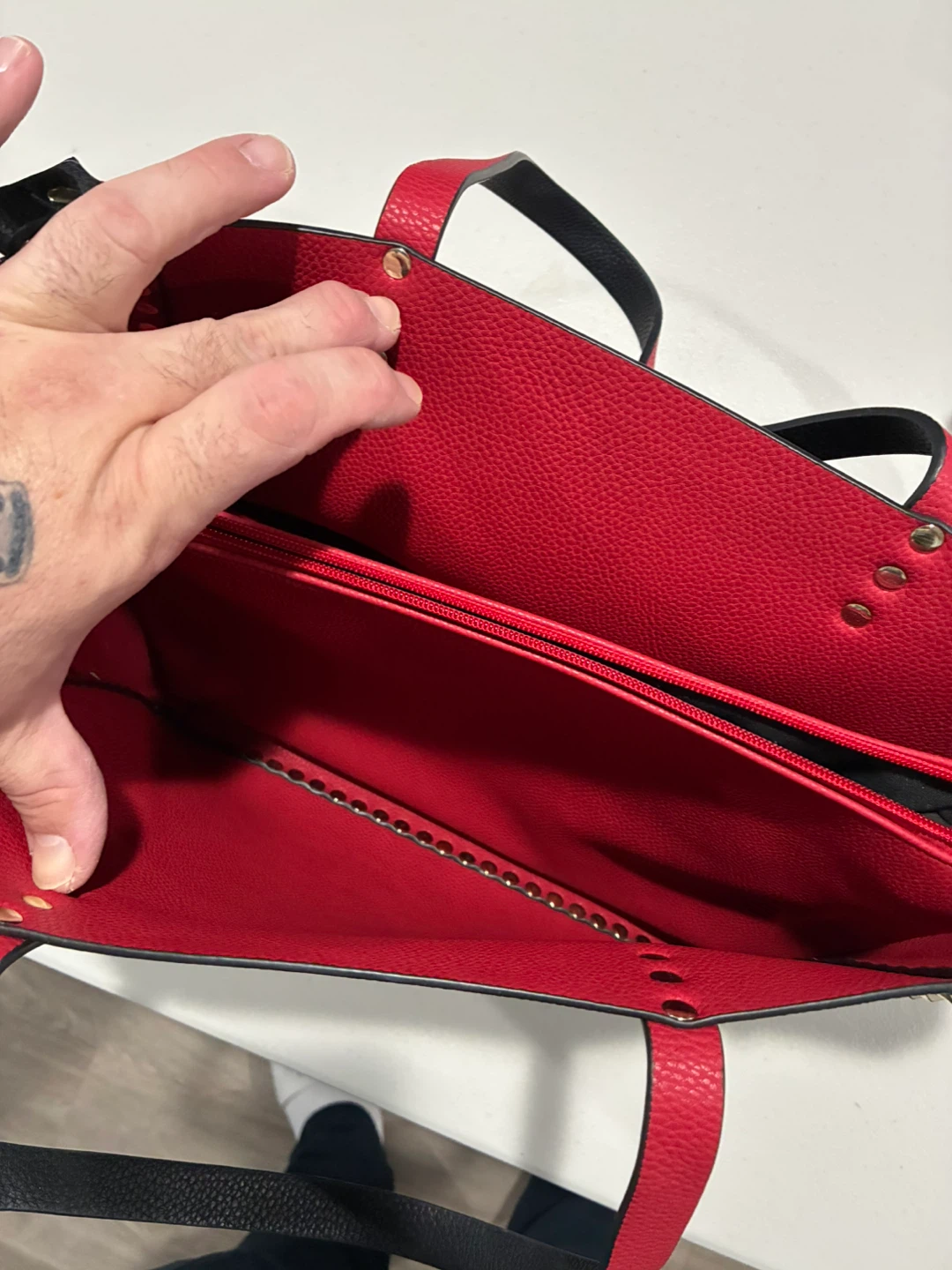Black Tote Bag with Red Interior and Stud Detail - photo 3