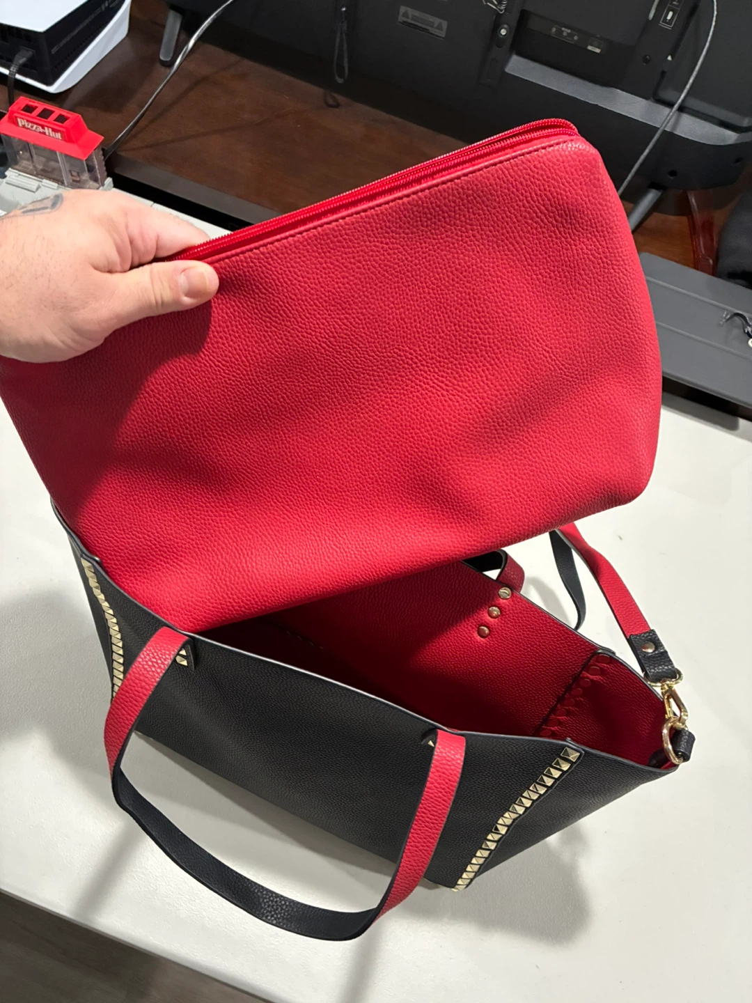 Black Tote Bag with Red Interior and Stud Detail - photo 4