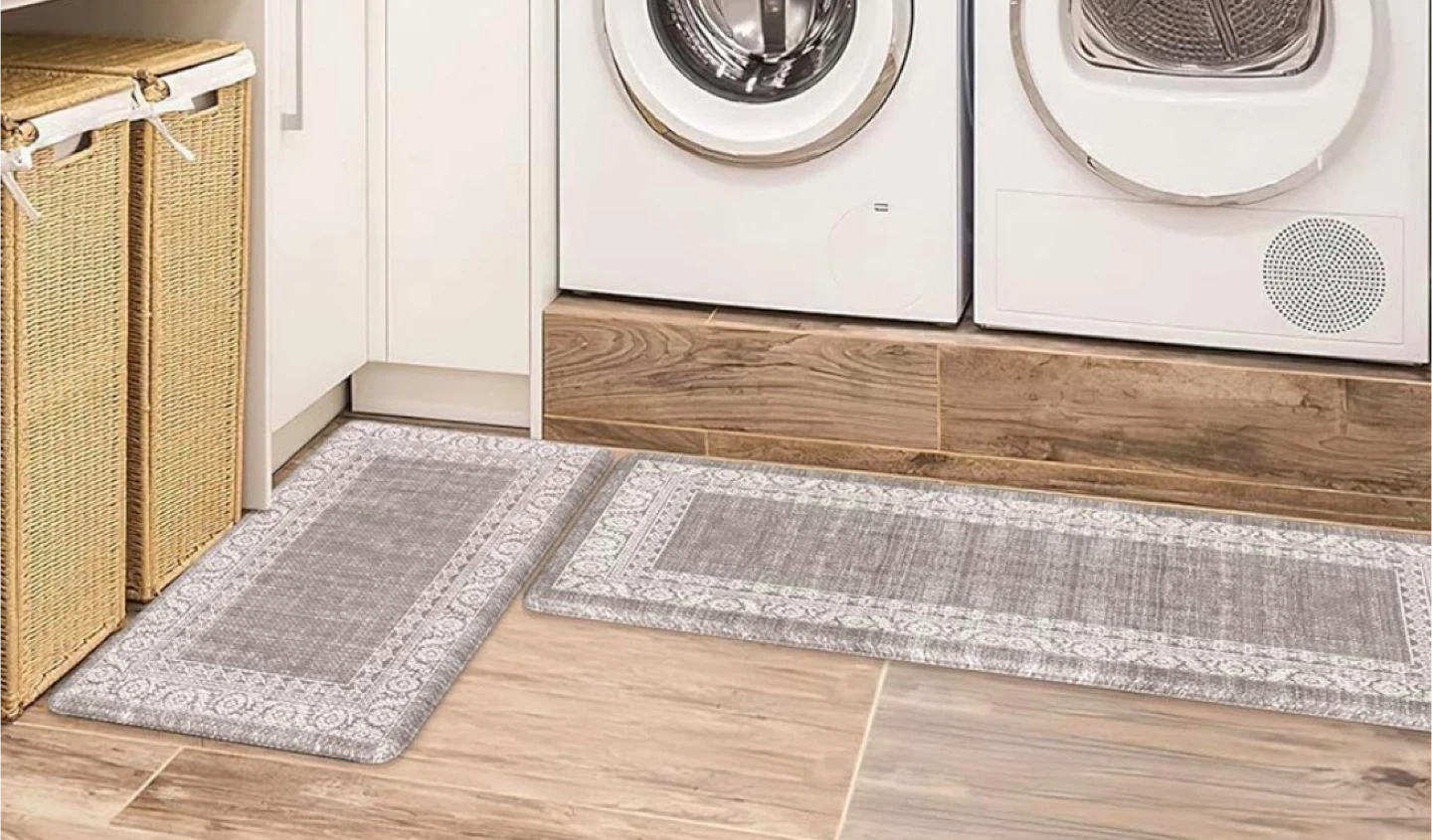 LEEVAN Kitchen Mat Set - Grey Floral Pattern