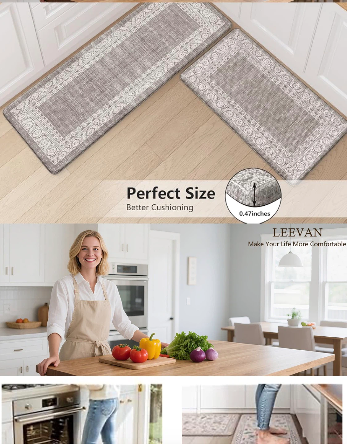 LEEVAN Kitchen Mat Set - Grey Floral Pattern - photo 2