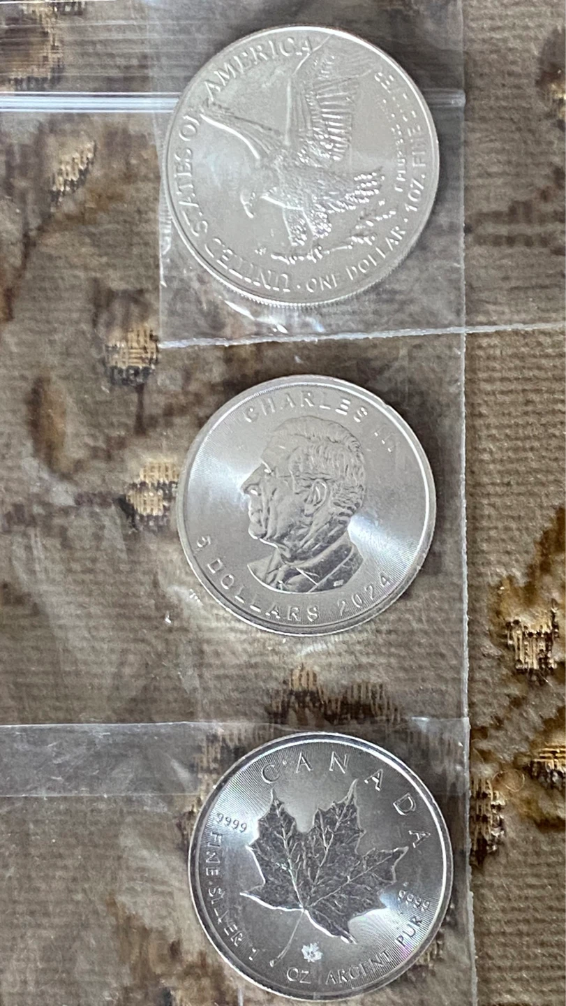 3 x 1oz Silver Coins: Eagle, Canadian Maple Leaf, UK Britannia