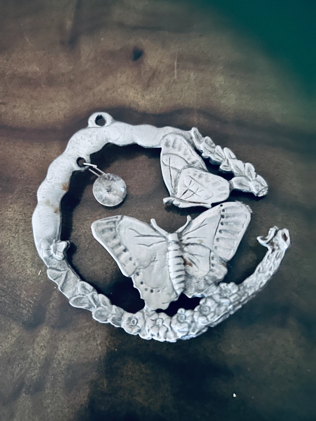 Pewter suncatcher Butterfly Roses Ornament with Crystal Accent
