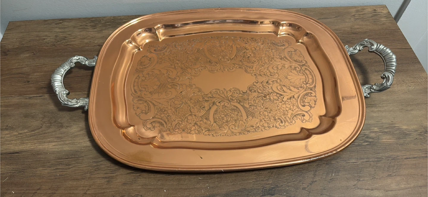 Copper Serving Tray with Ornate Handles