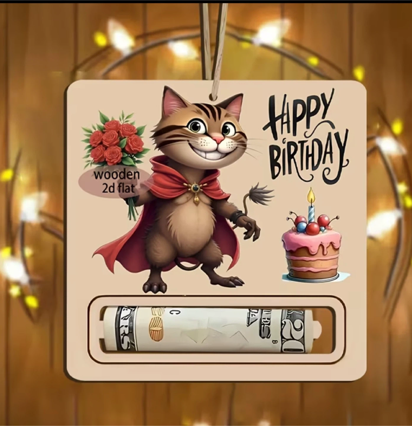Happy Birthday Cat Wooden Gift Wallet Card
