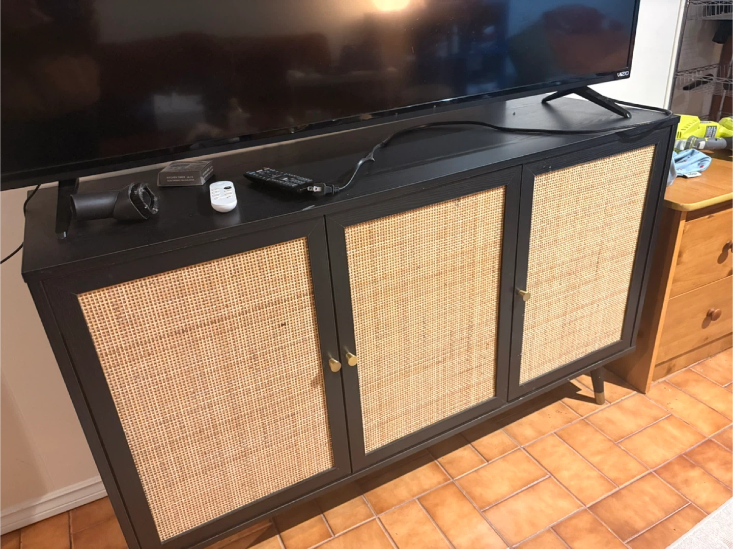 Black 3-Door Media Console with Cane Fronts