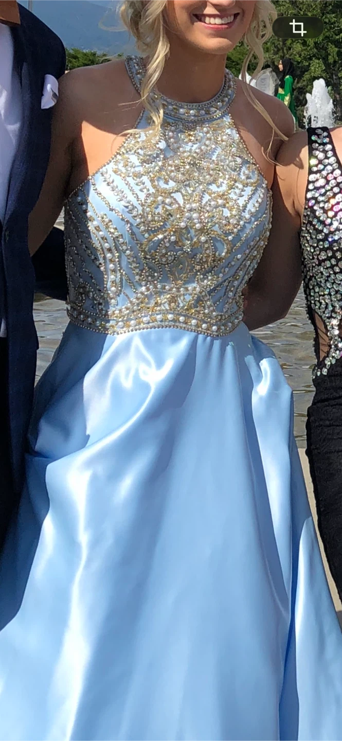 Light Blue Beaded Halter Neck Prom Dress - photo 3