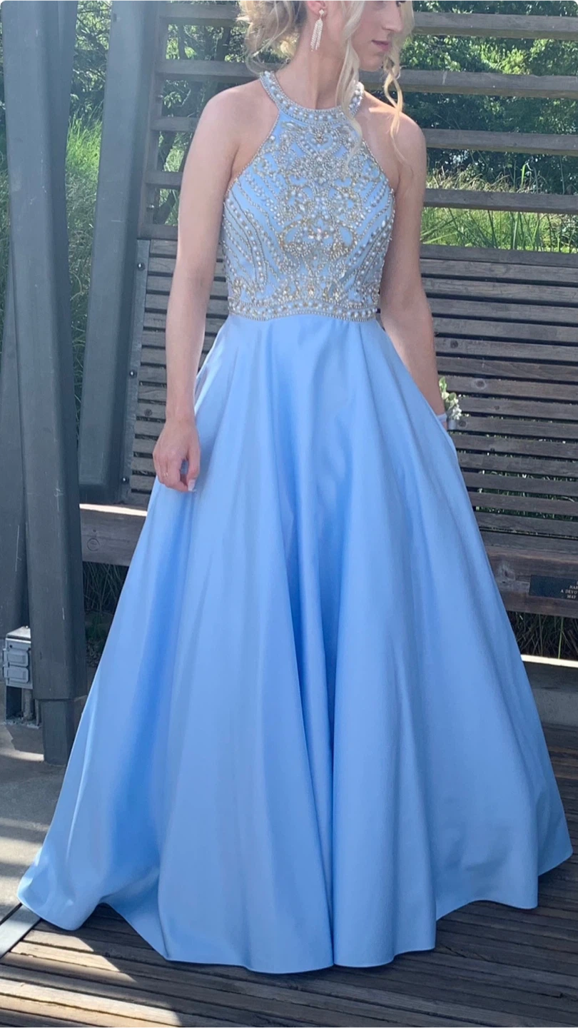 Light Blue Beaded Halter Neck Prom Dress - photo 4