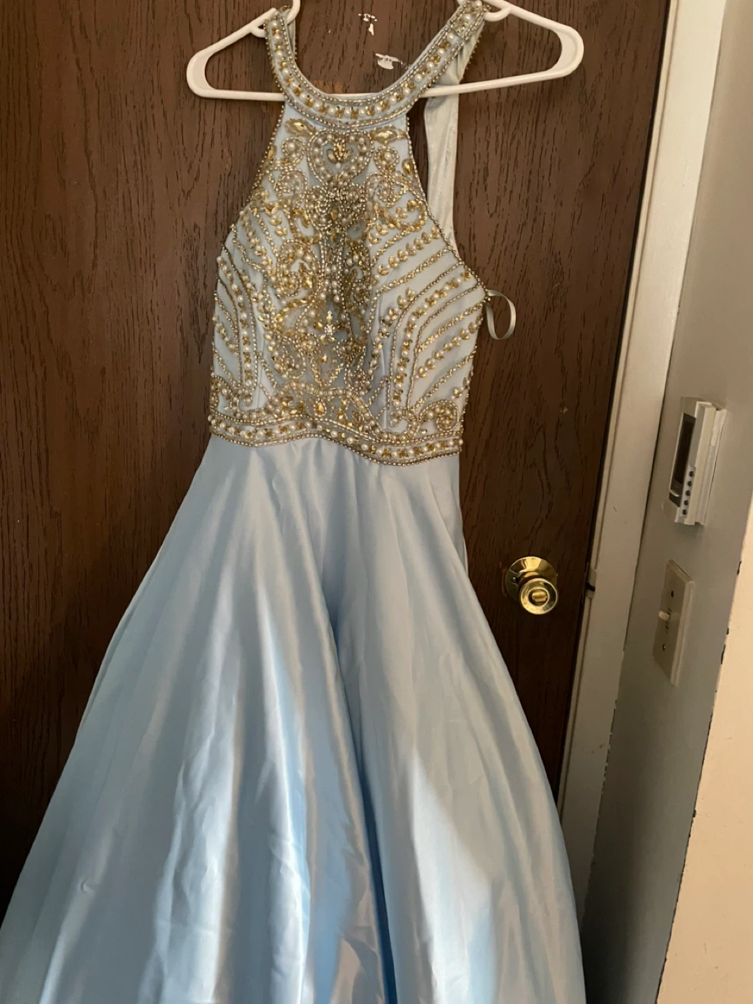 Light Blue Beaded Halter Neck Prom Dress - photo 2