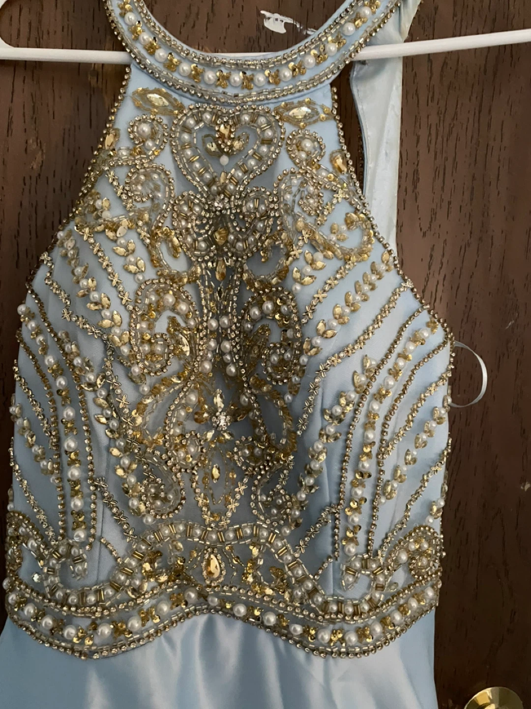 Light Blue Beaded Halter Neck Prom Dress