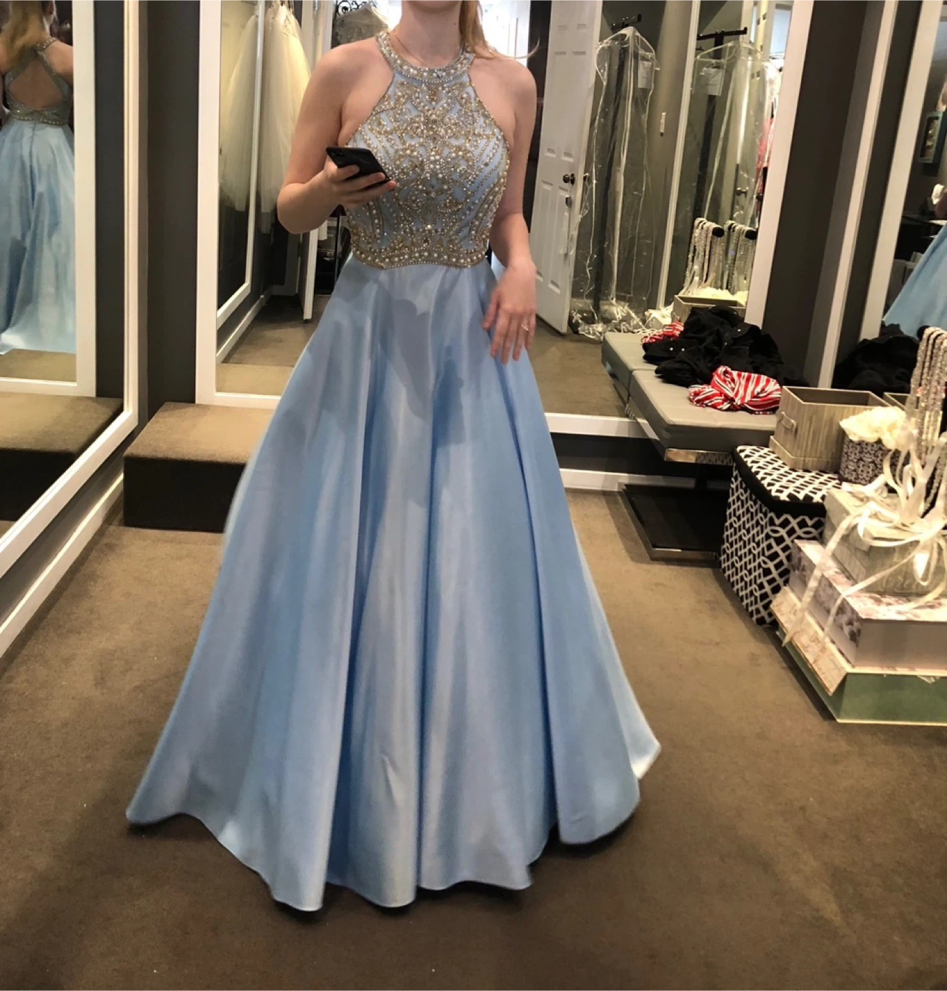 Light Blue Beaded Halter Neck Prom Dress - photo 5