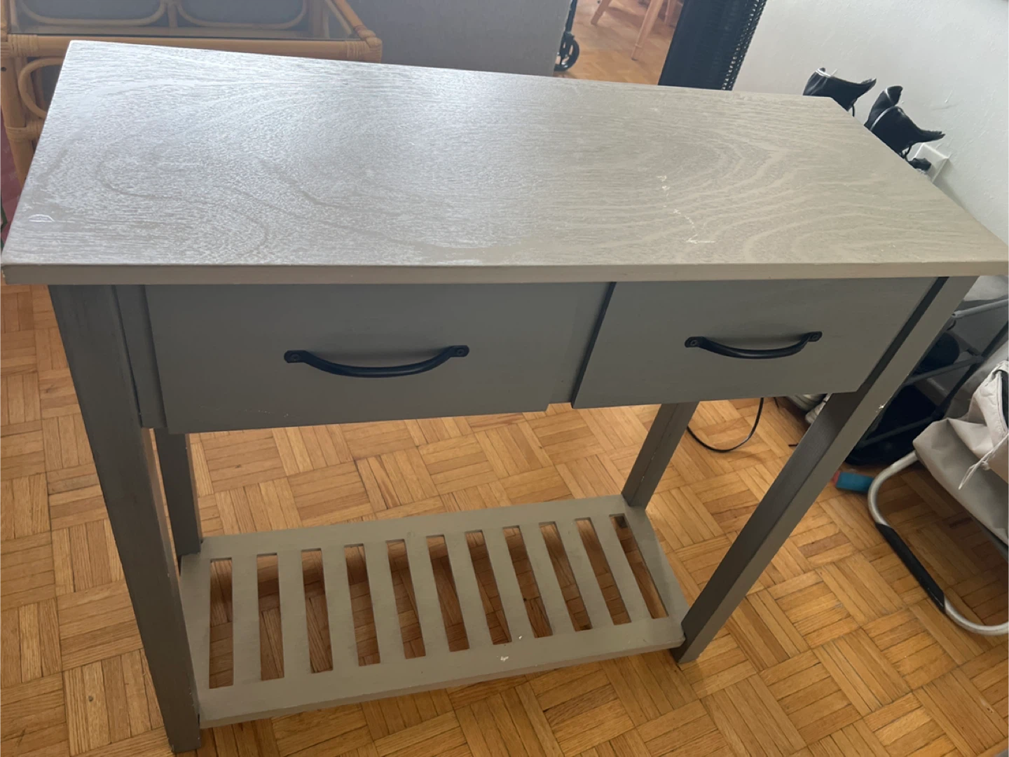 Grey Console Table with Drawers and Shelf
