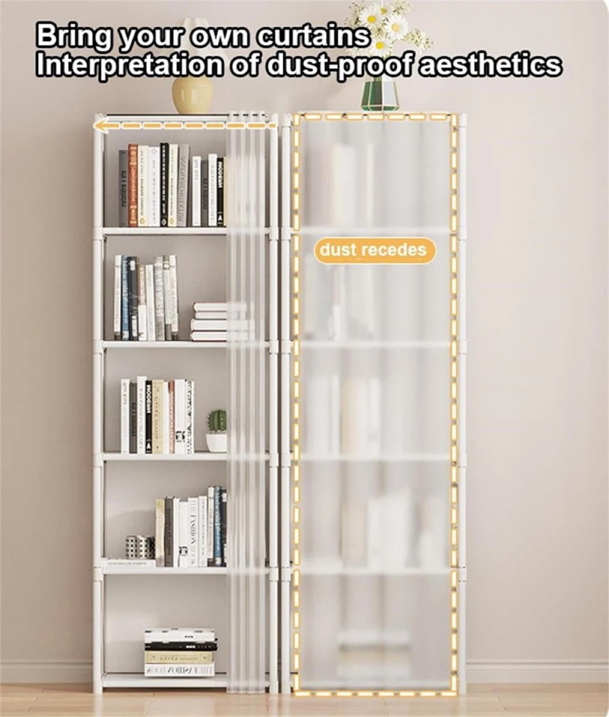 White Double Row Curtain Bookshelf - 80cm x 30cm x 155cm - photo 2