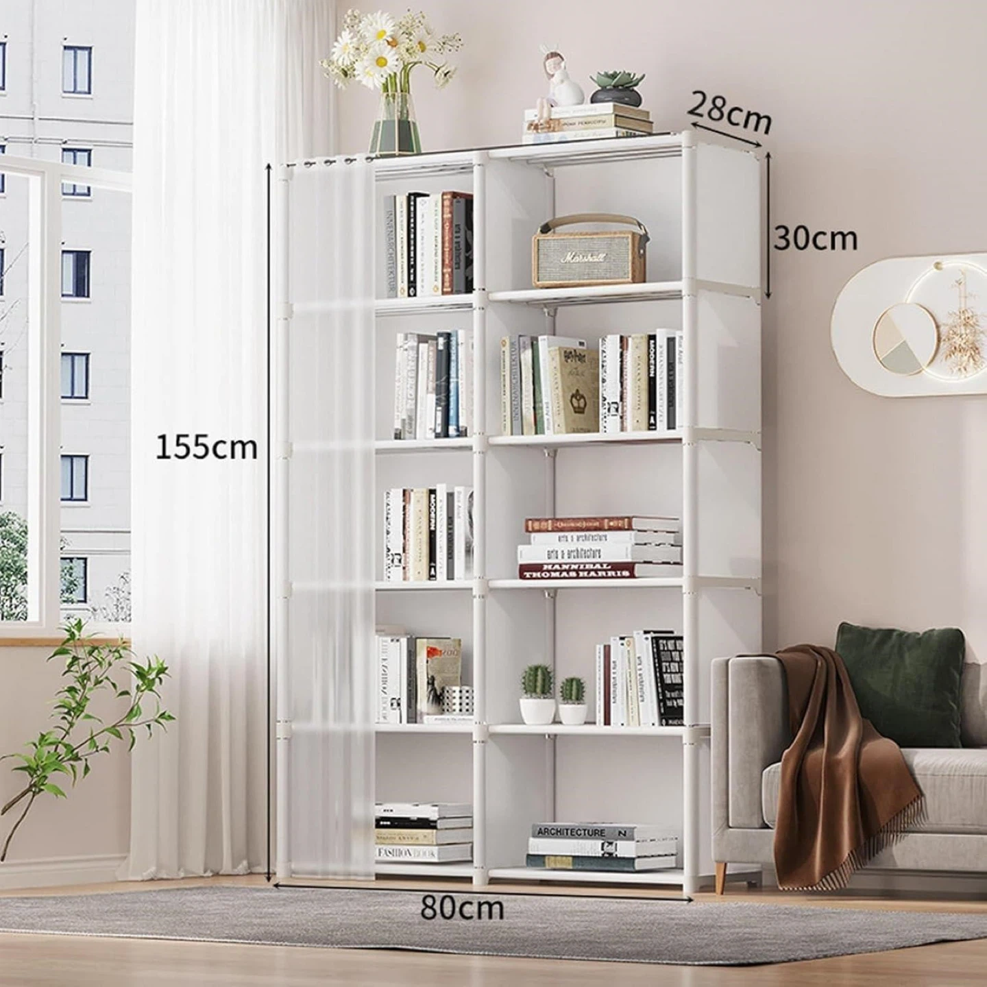 White Double Row Curtain Bookshelf - 80cm x 30cm x 155cm - photo 3