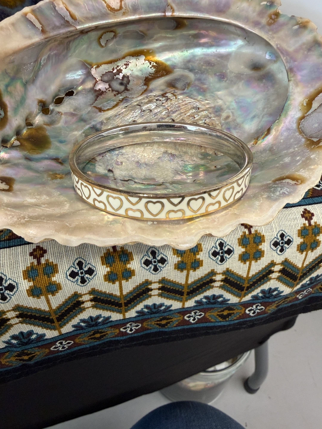 White Bangle Bracelet with Gold Hearts