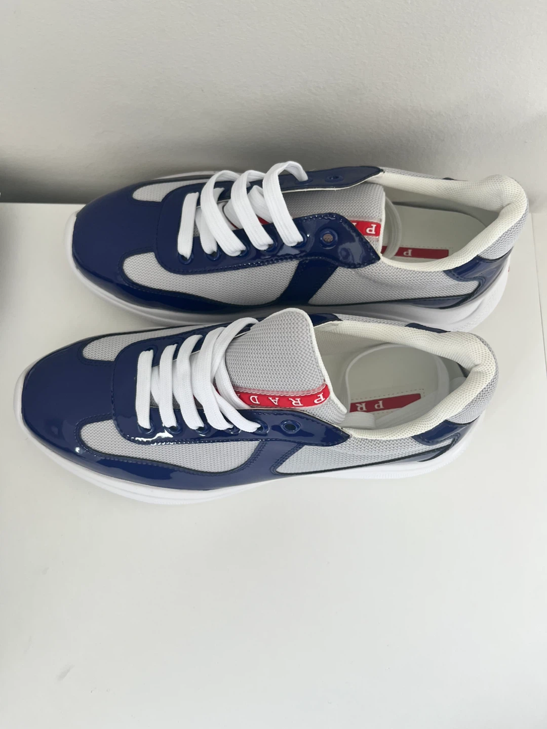 Prada Men's White & Blue Mesh & Leather Sneakers