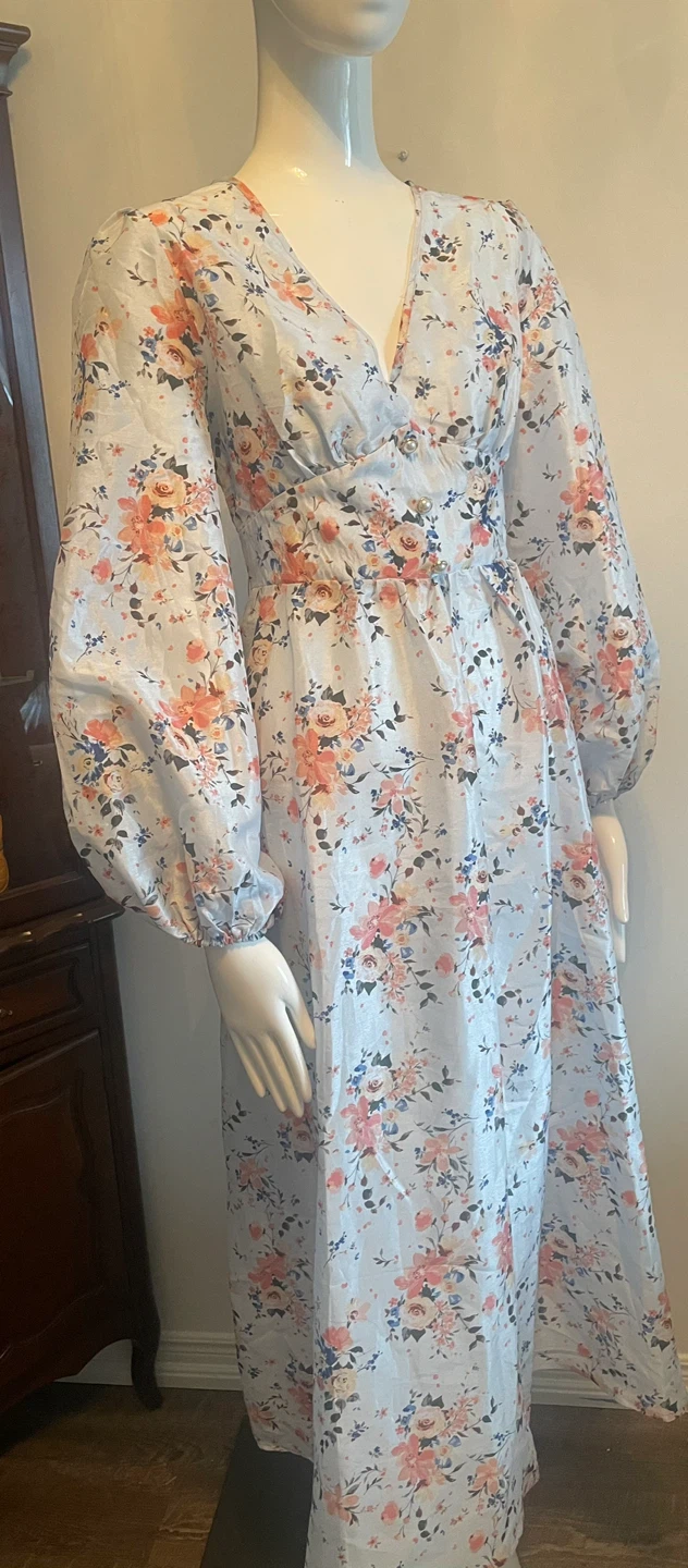 Light Blue Floral Maxi Dress with Puffed Sleeves - photo 5