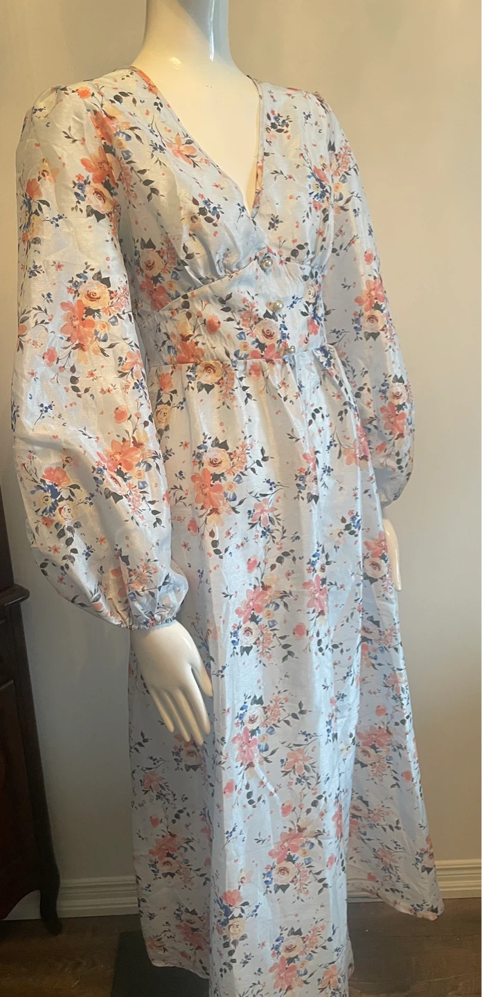 Light Blue Floral Maxi Dress with Puffed Sleeves - photo 4