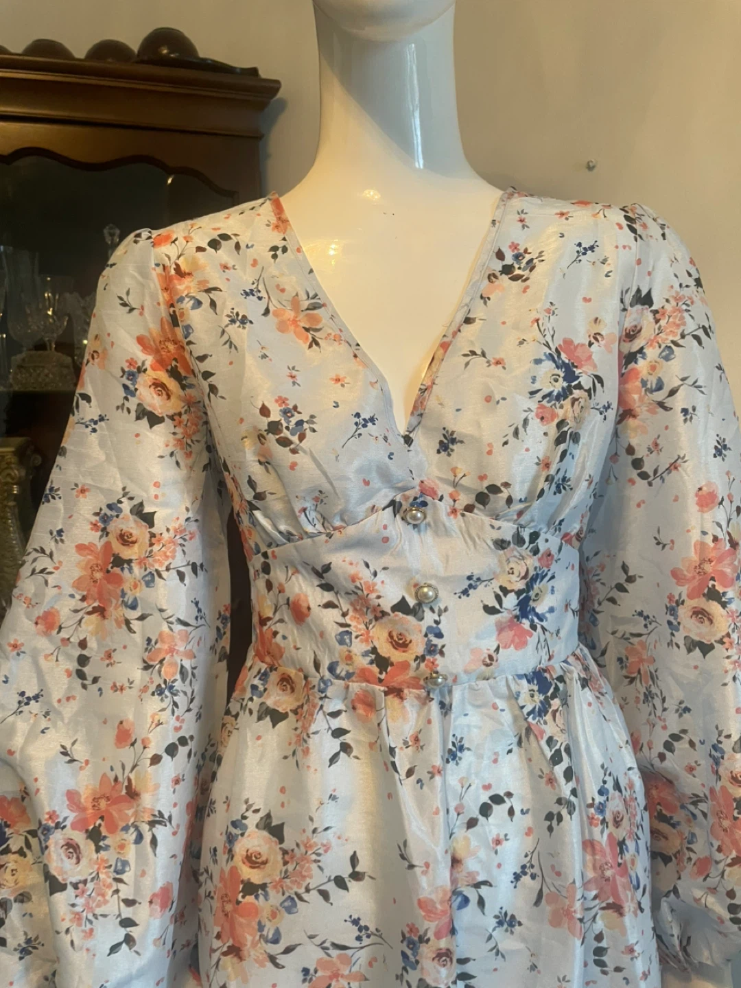 Light Blue Floral Maxi Dress with Puffed Sleeves