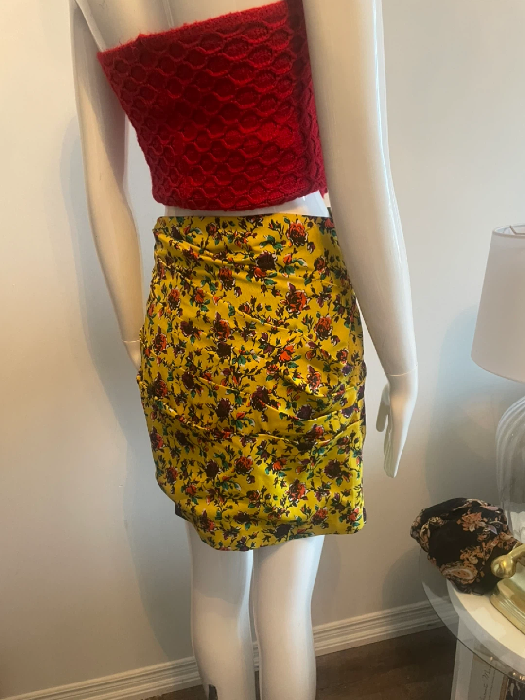 Yellow Floral Mini Skirt with Embellished Buttons - photo 3