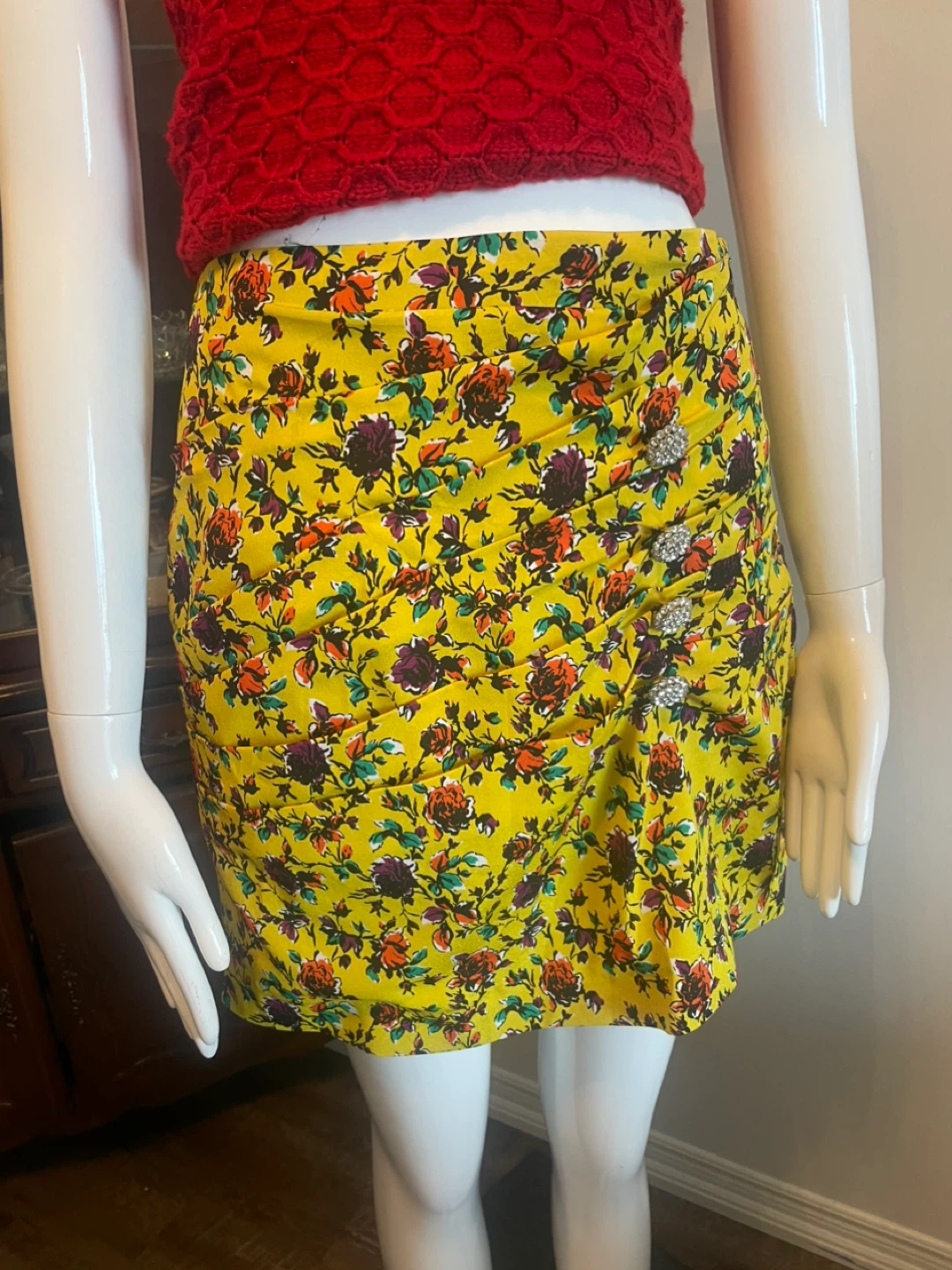 Yellow Floral Mini Skirt with Embellished Buttons - photo 2