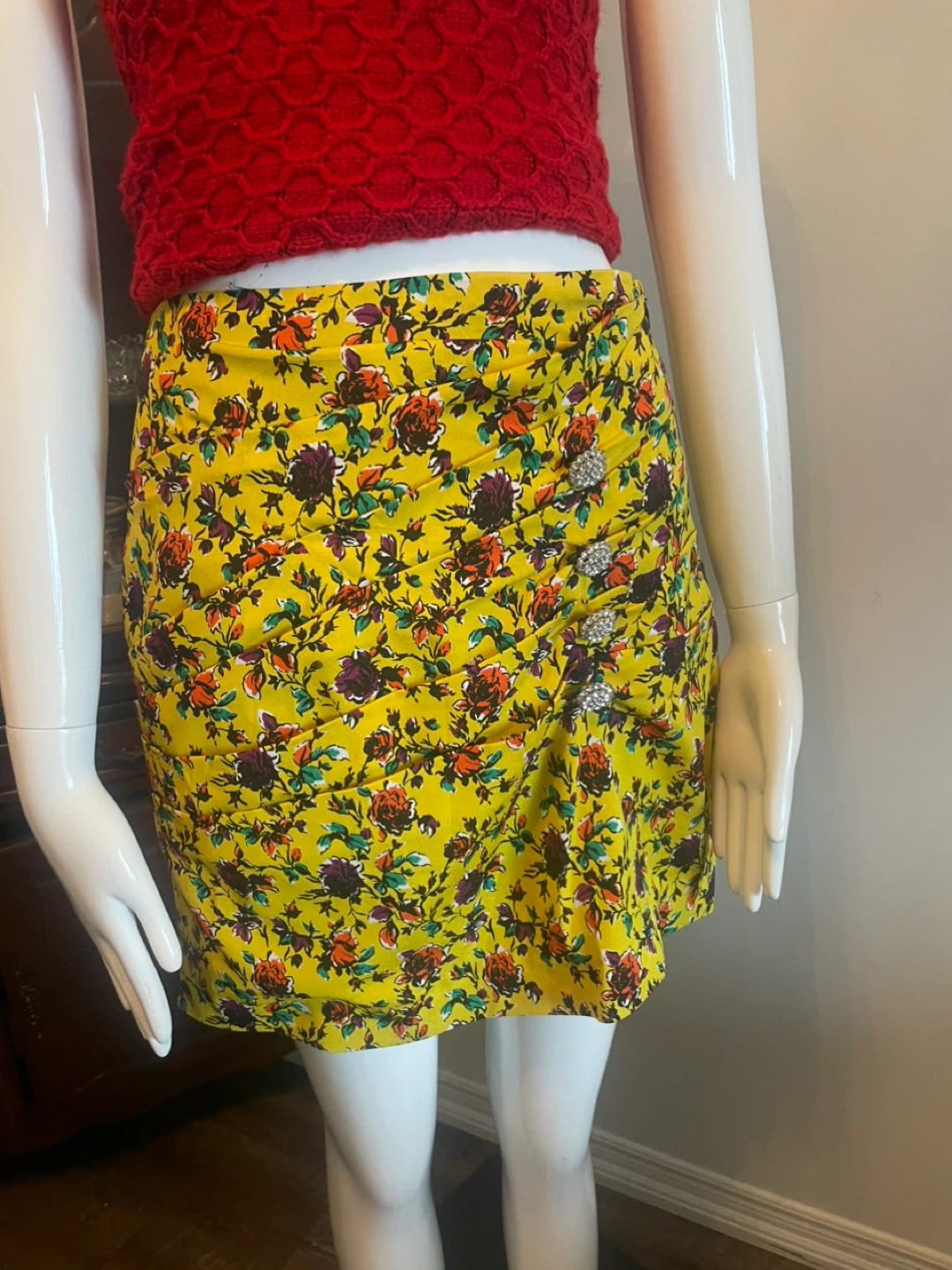 Yellow Floral Mini Skirt with Embellished Buttons