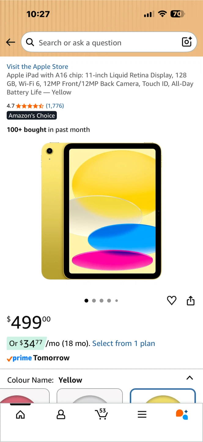 Apple iPad (10th Gen) 128GB Wi-Fi Yellow