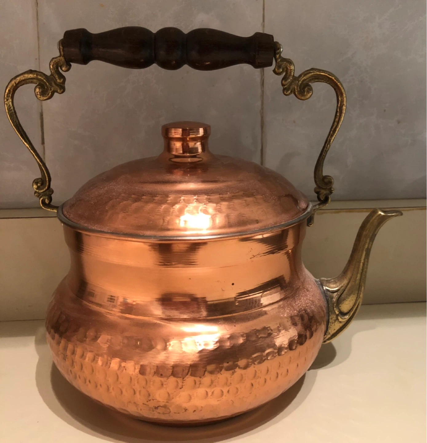 Vintage Hammered Copper Kettle with Wooden Handle