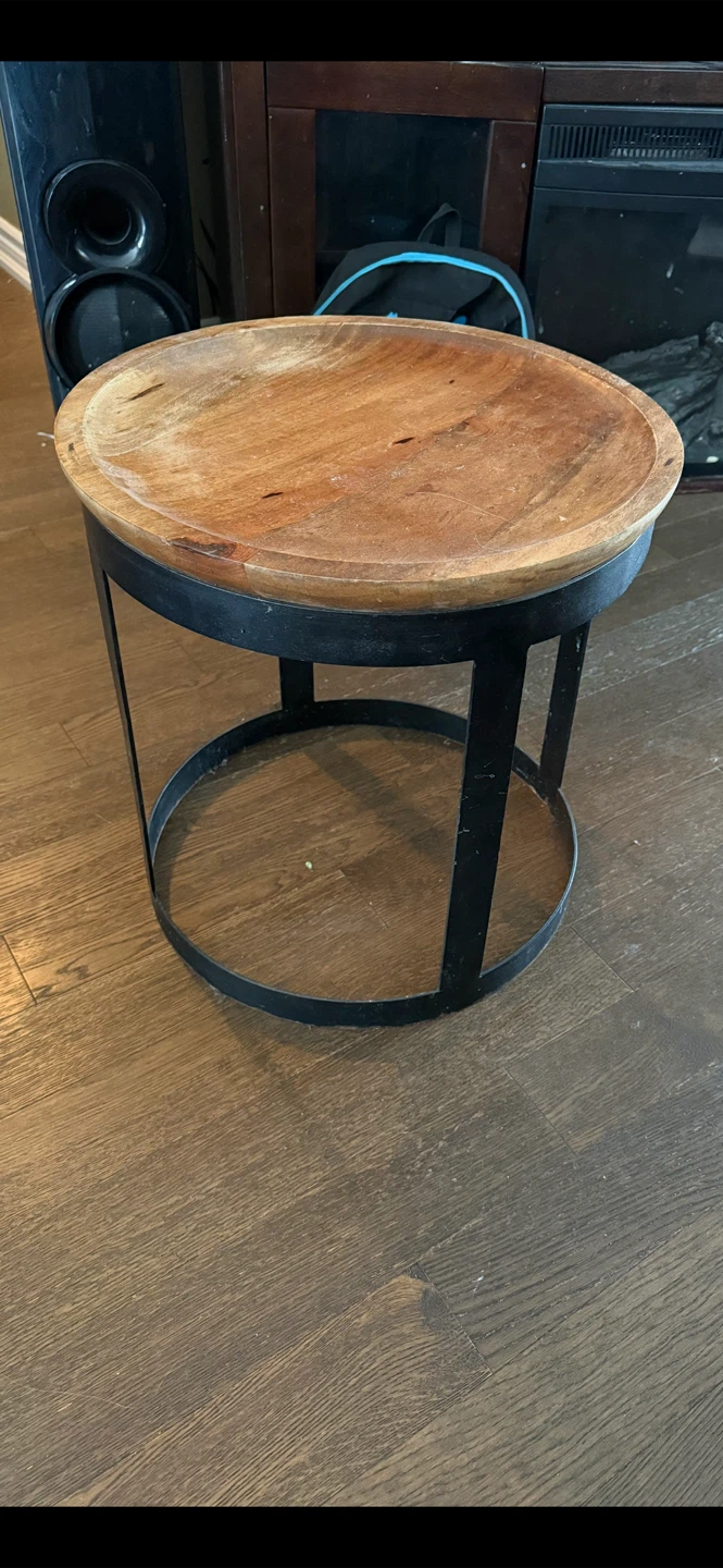 Round Wooden Side Table with Black Metal Frame