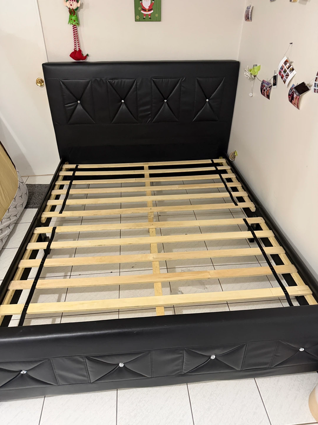 Black Faux Leather Queen Bed Frame with Crystal Accents