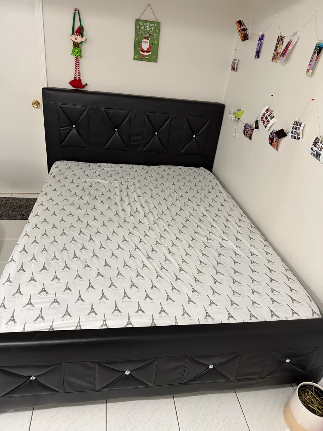 Black Faux Leather Queen Bed Frame with Crystal Accents - photo 5