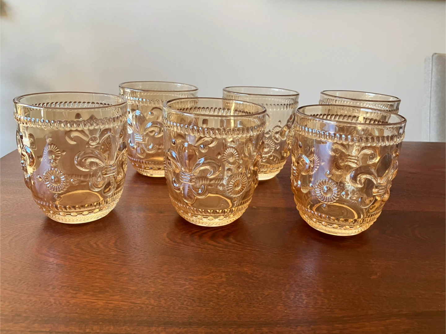 6 Amber Fleur-de-lis Embossed Glasses