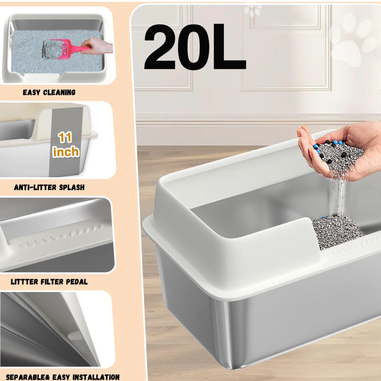 XL 20L,Stainless Steel Cat Litter Box – High Sides, No Smell, Ea - photo 5