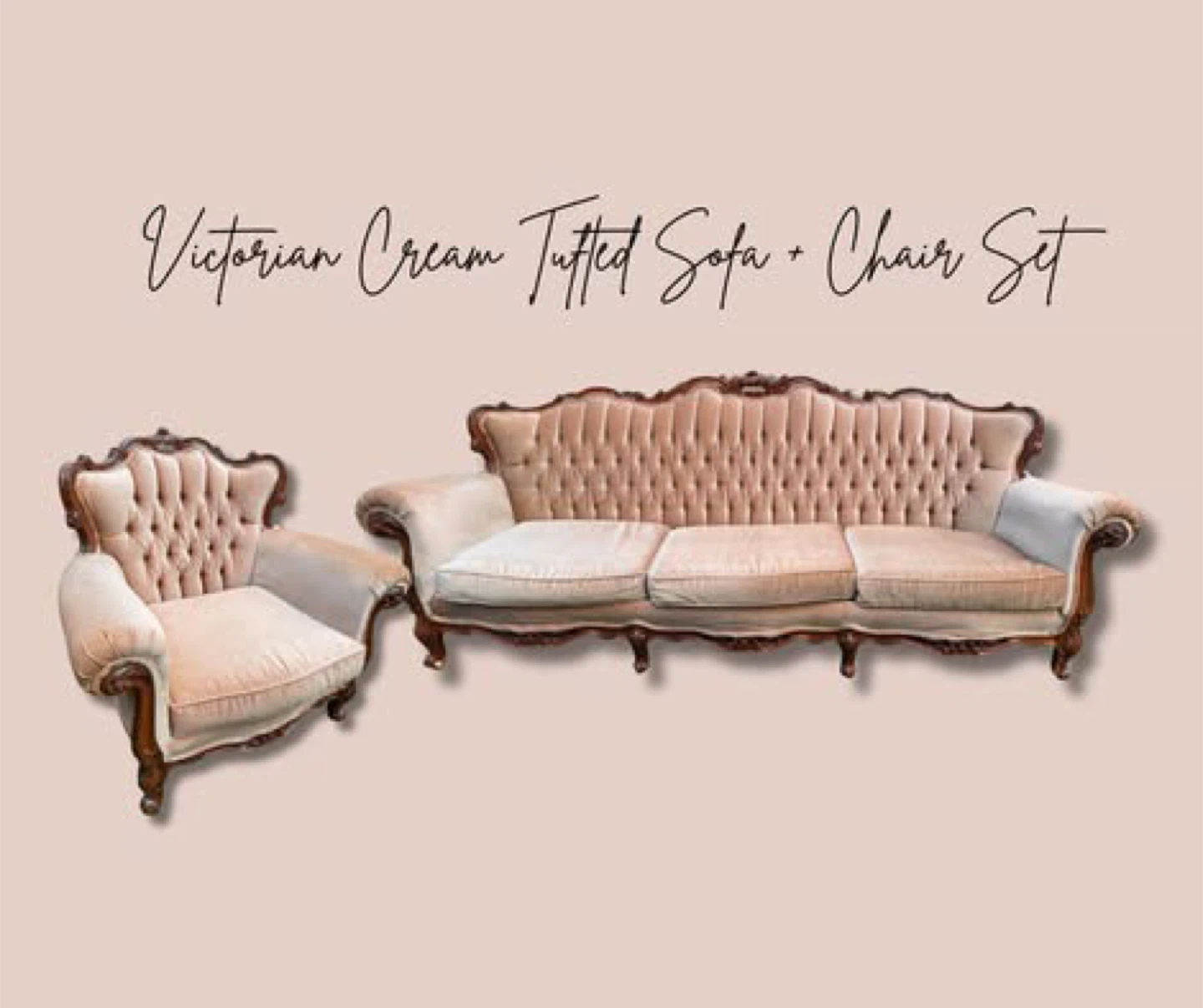 Victorian Cream Tufted Sofa and Chair Set