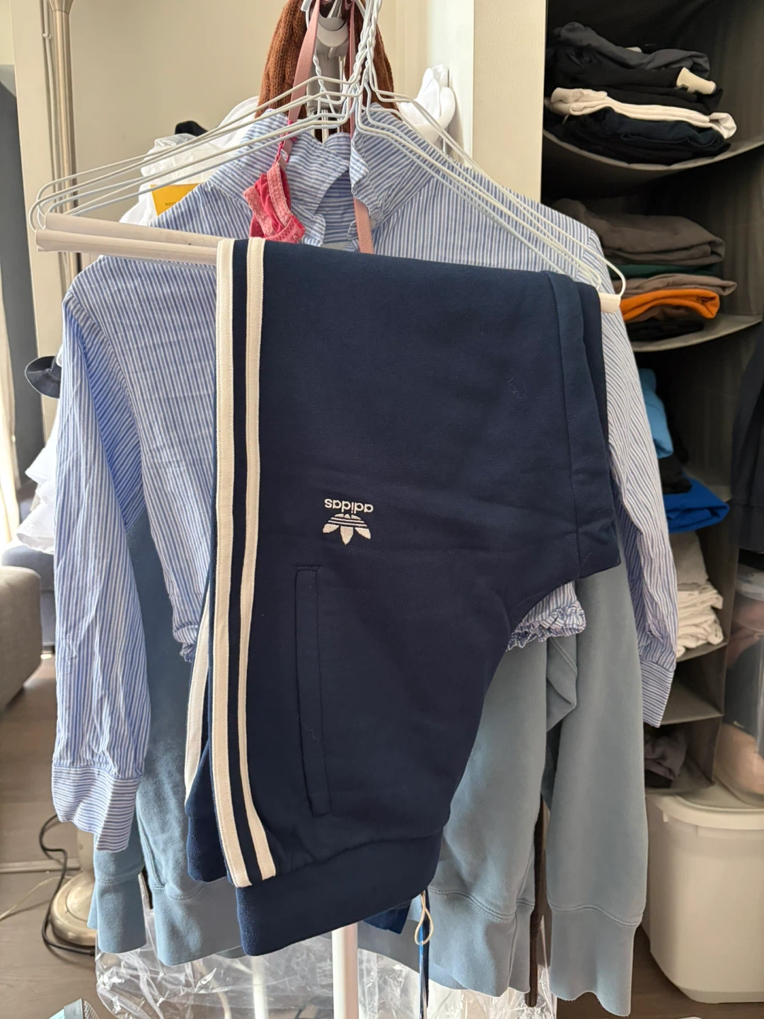 Adidas Navy Blue Track Pants with White Stripes