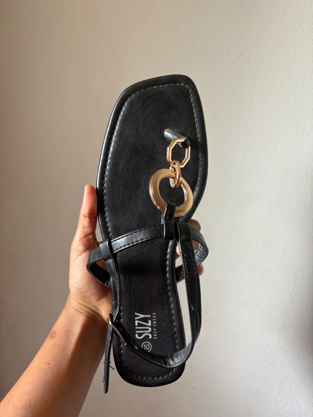 Black Suzy Flat Sandals with Gold Hardware