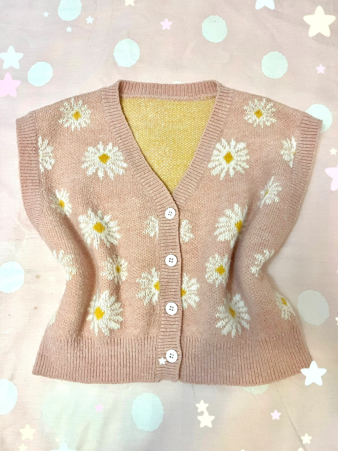 Pink daisy knit vest cardigan