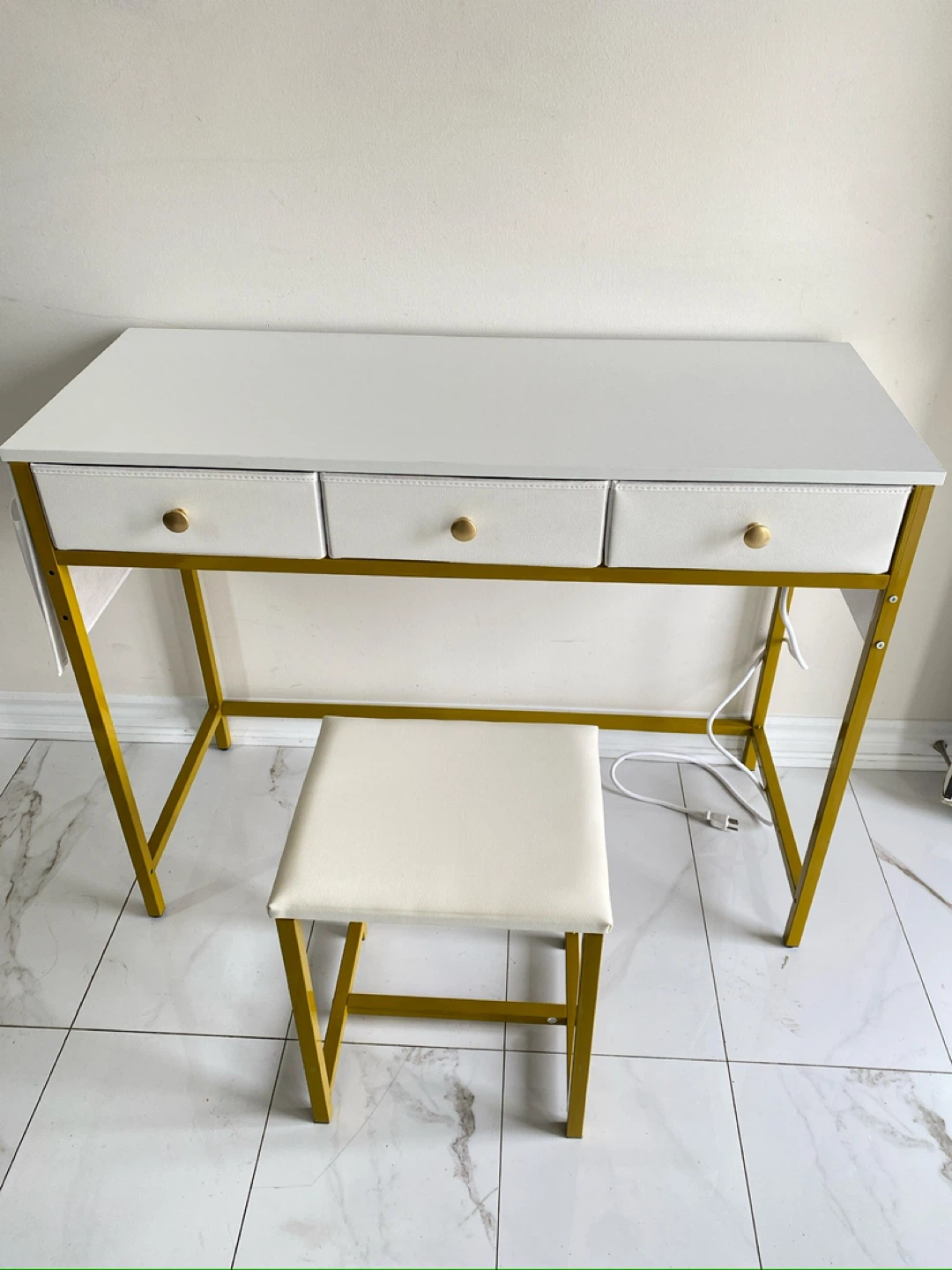 White Vanity Desk with Stool and Gold Legs