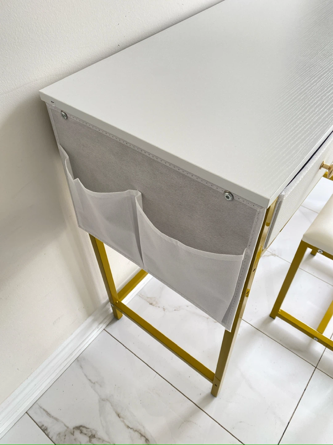 White Vanity Desk with Stool and Gold Legs - photo 3
