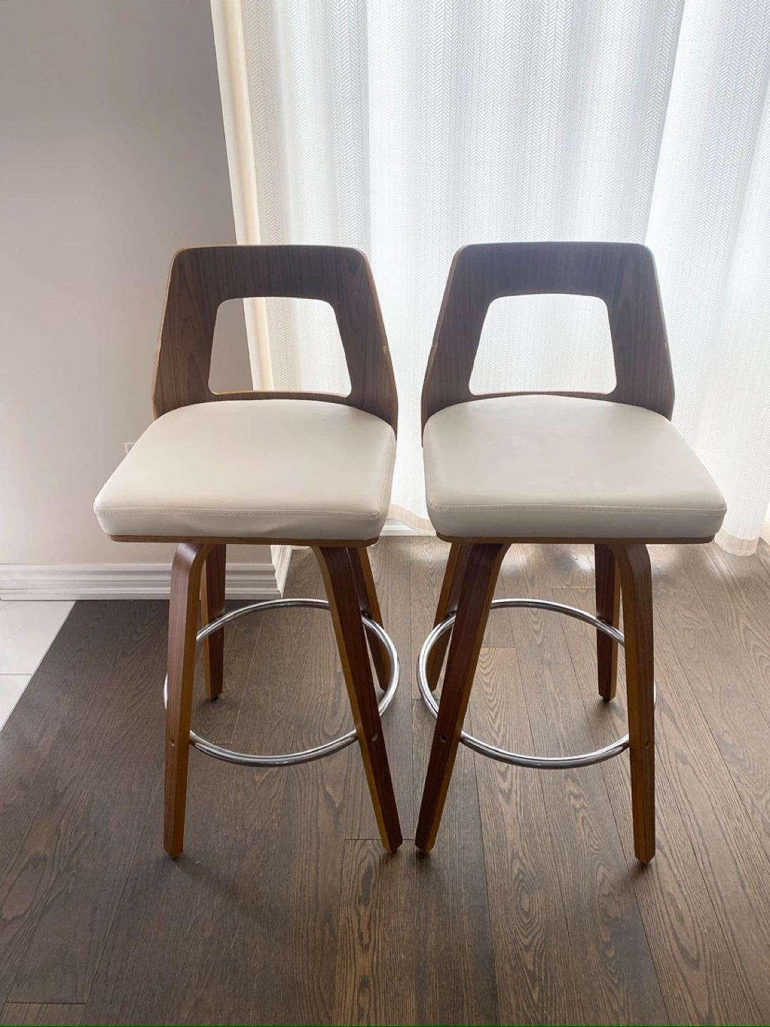 Set of 2 Swivel Bar Stools - Wood and White Faux Leather