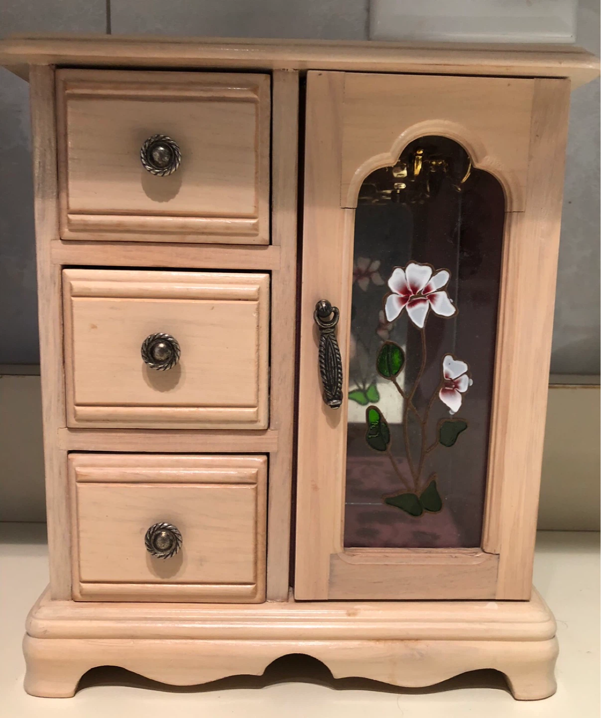 Wooden Jewelry Box with Drawers and Floral Glass Door