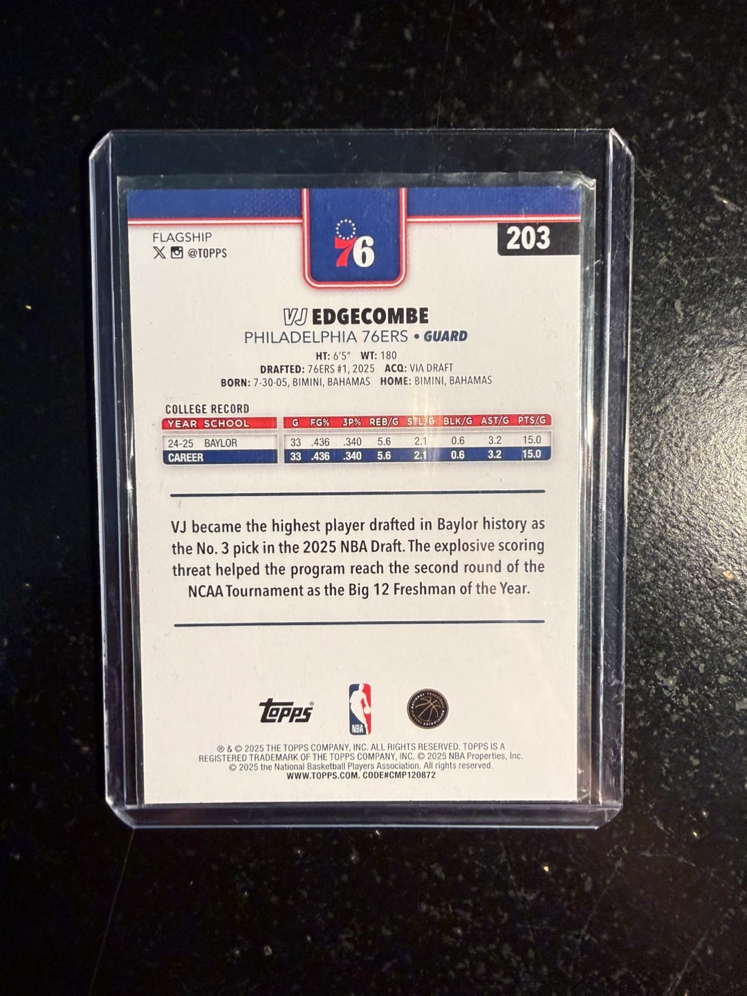 2023-24 Topps Flagship VJ Edgecombe RC #203 Basketball Card - photo 2